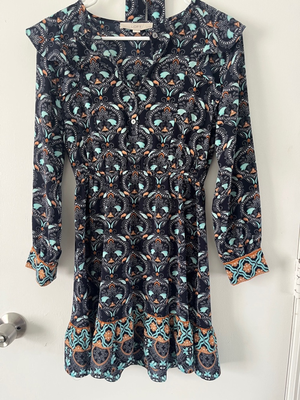 LOFT Navy Paisley Long Sleeve Dress with Teal and Orange - belted, buttons